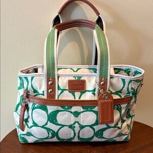 Coach F11995  vintage monogram, green white canvas/brown leather trim like new